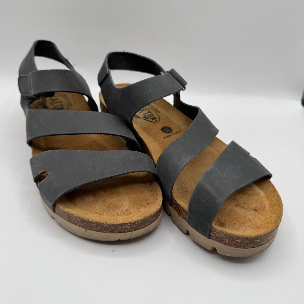 Plakton Platform Sandals Womens 39 Black Leather Cork Footbed Made in Spain